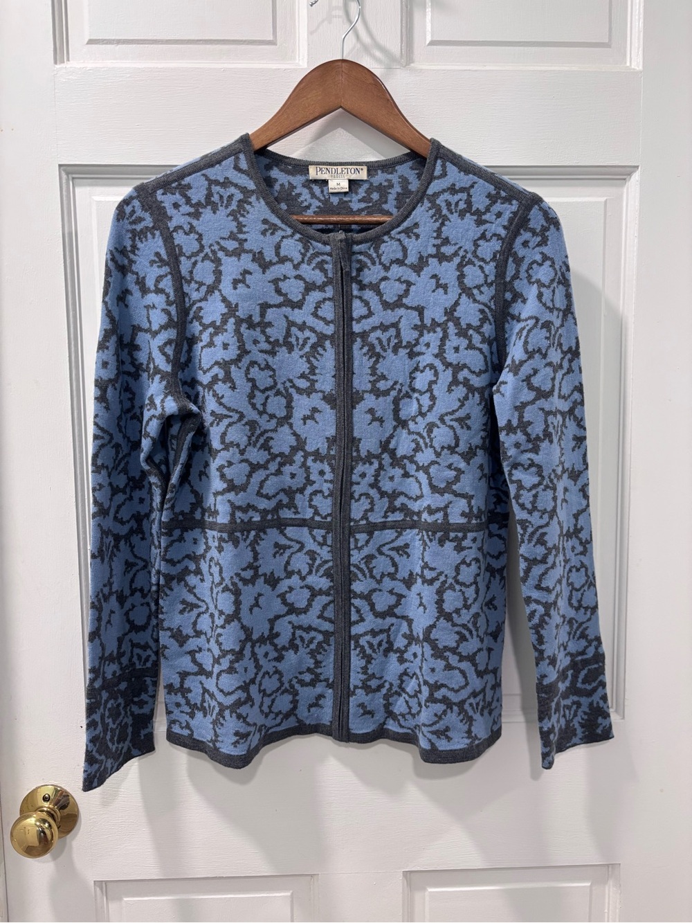 Vintage Pendleton Jacquard Knit Zip Cardigan Medium Petite Merino Wool Blue/Gray